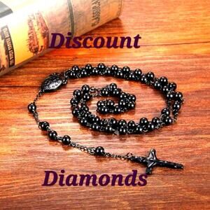 Beaded Black Rosary Necklace with Cross Pendant